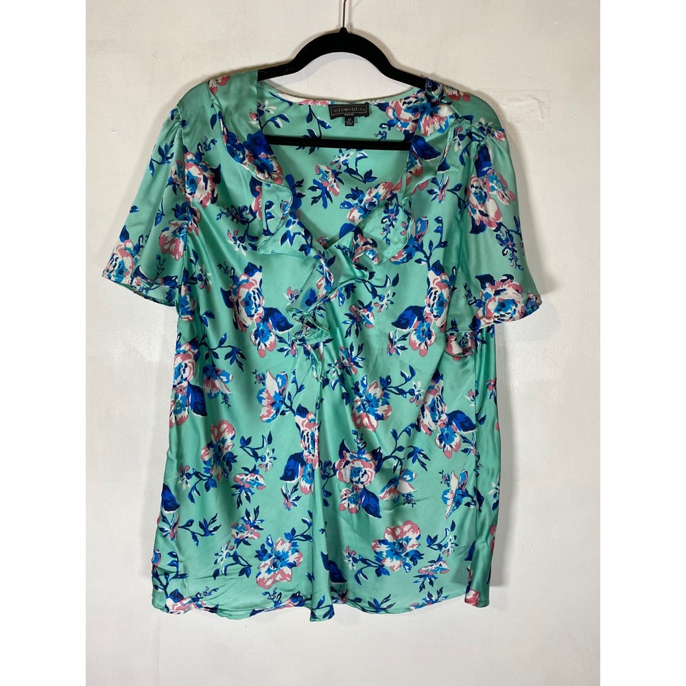 Mint Satin Floral Ruffle V Neck Blouse Plus Size 3X Short Flutter Sleeve Career